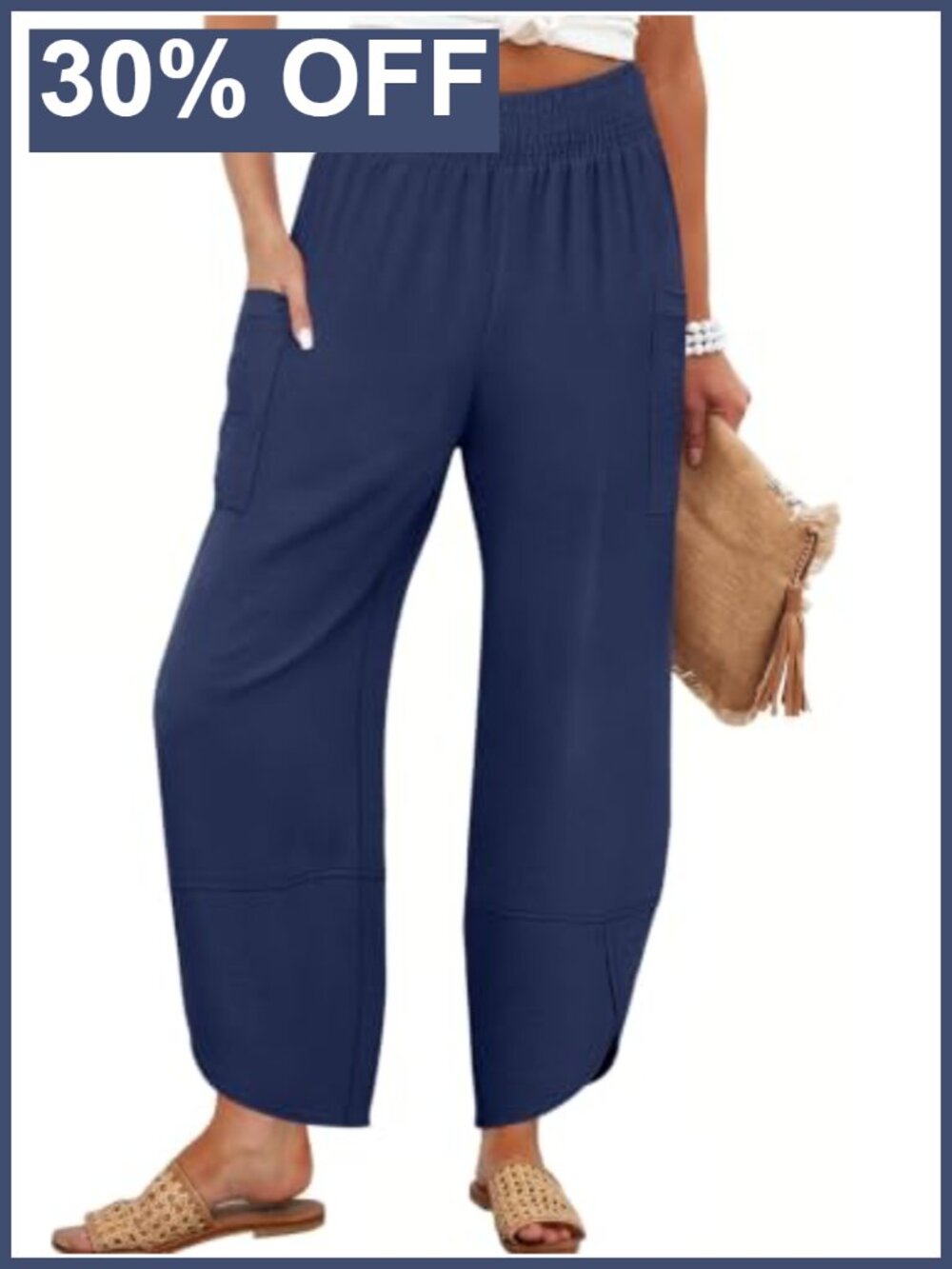 Womens Wide Leg Palazzo Capri Barrel Pants Loose Smocked Waist Pull On